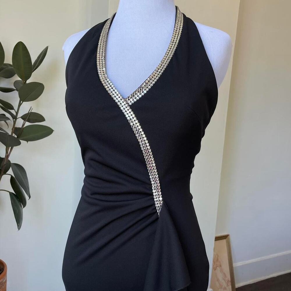 Vintage 90’s / Early 2000’s Black Halter Dress w Silver Rhinestone Trim